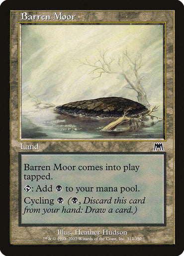 A "Magic: The Gathering" card from the Onslaught set titled "Barren Moor." The card shows an image of a desolate landscape with barren rock and sparse vegetation. The card text reads: "Barren Moor comes into play tapped. {T}: Add {B} to your mana pool. Cycling {B} ({B}, Discard this card from your hand: Draw a