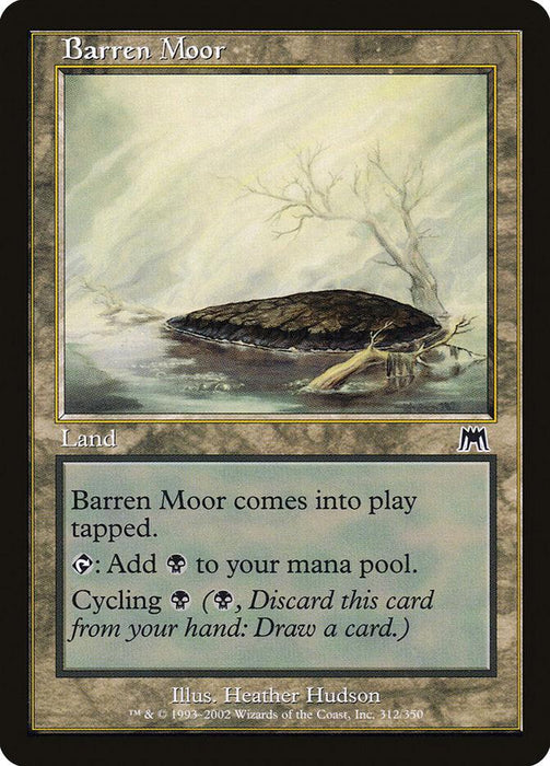 A "Magic: The Gathering" card from the Onslaught set titled "Barren Moor." The card shows an image of a desolate landscape with barren rock and sparse vegetation. The card text reads: "Barren Moor comes into play tapped. {T}: Add {B} to your mana pool. Cycling {B} ({B}, Discard this card from your hand: Draw a