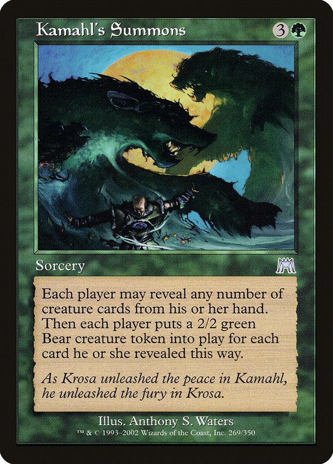 A Magic: The Gathering card named 'Kamahl's Summons [Onslaught]' from the Onslaught set. It costs 3 mana and 1 green mana. The card illustration depicts a warrior facing three ghostly, giant bears. As a Sorcery, its text reads: 