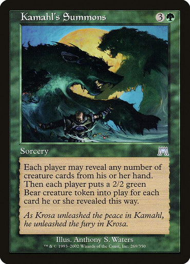 A Magic: The Gathering card named 'Kamahl's Summons [Onslaught]' from the Onslaught set. It costs 3 mana and 1 green mana. The card illustration depicts a warrior facing three ghostly, giant bears. As a Sorcery, its text reads: "Each player may reveal any number of creature cards from their hand. Then each player puts a 2/2 green Bear creature