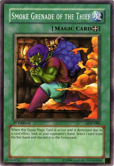 A Yu-Gi-Oh! card titled "Smoke Grenade of the Thief [LOD-080] Short Print" from the Legacy of Darkness set labeled as an Equip Spell. The artwork shows a green-skinned character in purple attire with a sack, dashing through a doorway. When this Short Print card is destroyed by an effect, view your opponent's hand and discard one card to the Graveyard.