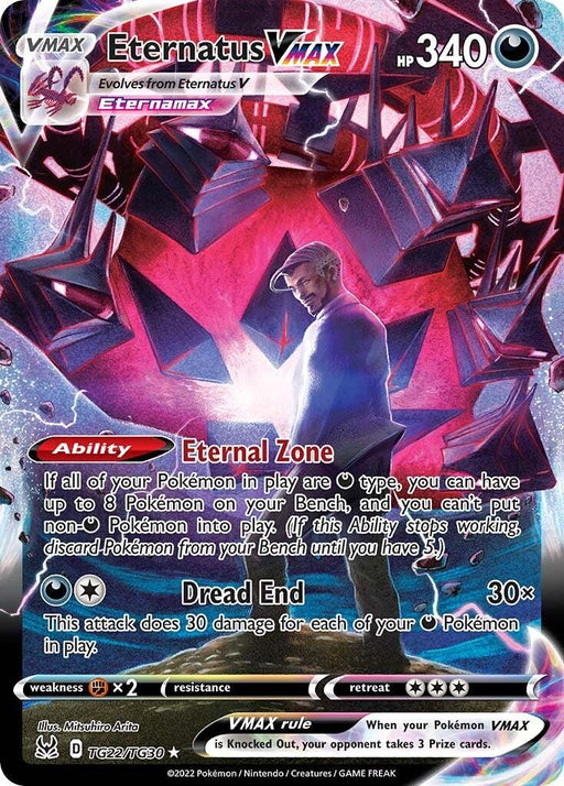 A Pokémon card titled "Eternatus VMAX (TG22/TG30) [Sword & Shield: Lost Origin]" from the Sword & Shield: Lost Origin series features Eternatus in its Eternamax form. The card, possibly a Secret Rare, showcases a purple and pink cosmic background with lightning-like effects. Its abilities, "Eternal Zone" and "Dread End," along with stats and rules, are displayed around the character.