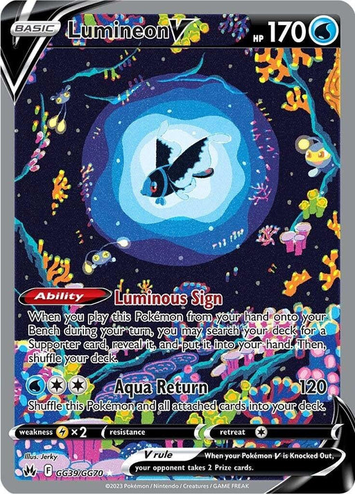 A Pokémon trading card featuring Lumineon V (GG39/GG70) [Sword & Shield: Crown Zenith]. The card showcases Lumineon, a blue, fish-like Pokémon with dark and light blue patterns, swimming in an underwater environment. With 170 HP, its abilities include "Luminous Sign" and "Aqua Return." The card's border is black.