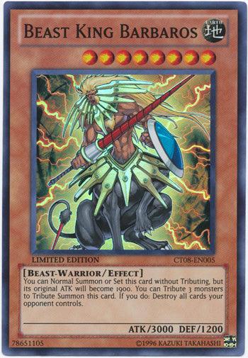A Yu-Gi-Oh! trading card titled "Beast King Barbaros [CT08-EN005] Super Rare," a Super Rare Effect Monster from the 2011 Collectors Tins. This card features an armored warrior with tribal decorations and a lion-like mane, boasting 3000 ATK and 1200 DEF. Its effect allows for normal summoning or reduced ATK, and can destroy all opponent’s cards.