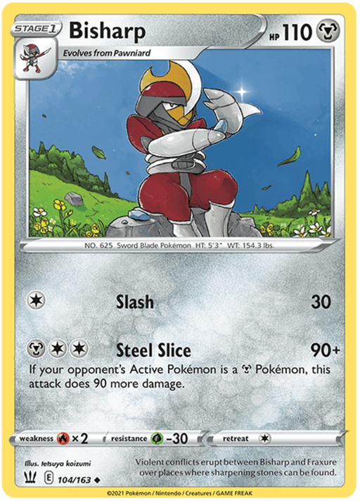 A Pokémon trading card for Bisharp (104/163) [Sword & Shield: Battle Styles], featuring a humanoid figure with a blade-like helmet and metal armor standing in a rocky landscape. The card, part of the Sword & Shield Battle Styles series, has 110 HP and includes the moves Slash and Steel Slice. It also features Bisharp's stats, type, and additional game-related info at the bottom.