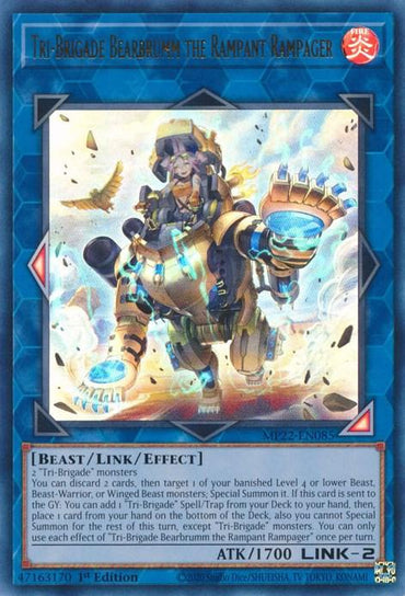 Image of a Yu-Gi-Oh! card named "Tri-Brigade Bearbrumm the Rampant Rampager [MP22-EN085] Ultra Rare." This Ultra Rare card, featured in the 2022 Tin of the Pharaoh's Gods, showcases a mechanical bear-man hybrid with blue armor and an energy blade in an action pose. The Link Monster has a blue frame and stats including ATK 1700 and LINK-2.