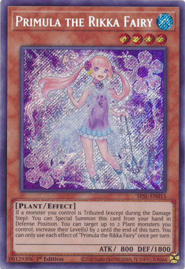 A Yu-Gi-Oh! Primula the Rikka Fairy [SESL-EN015] Secret Rare depicting Primula the Rikka Fairy, an Effect Monster. The card features an illustration of a fairy with lilac hair and a purple dress, surrounded by sparkles and flowers. It's a Plant/Effect monster card with 800 ATK and 1800 DEF. The card's ID is SESL-EN015.