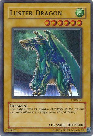 Yu-Gi-Oh! card named Luster Dragon [LOD-050] Super Rare. This Super Rare Normal Monster features a large green dragon with a sparkling, gem-like body. With 2400 ATK and 1400 DEF, it showcases the dragon's emerald beauty and deadly power. Labeled as 