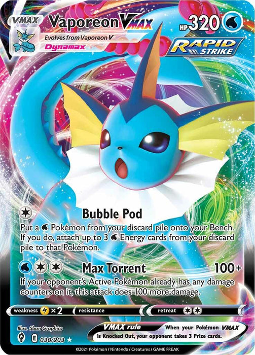 A Pokémon trading card featuring the Ultra Rare Vaporeon VMAX (030/203) [Sword & Shield: Evolving Skies] from Pokémon. Vaporeon, a blue aquatic Pokémon with large ears and a finned tail, is depicted leaping from water and surrounded by colorful swirls. With 320 HP, its attacks "Bubble Pod" and "Max Torrent" are showcased on this Sword & Shield series card 030/203.