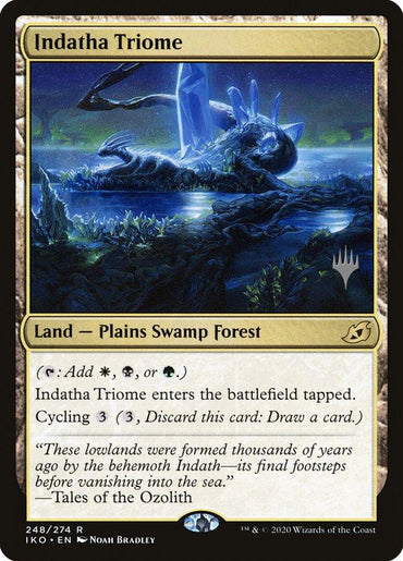 The image is of a Magic: The Gathering card named "Indatha Triome (Promo Pack) [Ikoria: Lair of Behemoths Promos]" from Ikoria: Lair of Behemoths. It's a rare land card with types Plains, Swamp, and Forest. The art depicts a mystical landscape with a giant crystal-like beast amid a forest. It adds white, black, or green mana and has cycling.