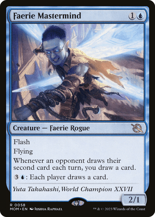 A Faerie Mastermind [March of the Machine] Magic: The Gathering card. The illustration depicts a male faerie with blue wings, holding a magical scroll, in a mystical, dark setting. This Rare Creature is noted as a "Creature - Faerie Rogue" with abilities including Flash, Flying, and drawing cards. It has a power/toughness of 2/1.