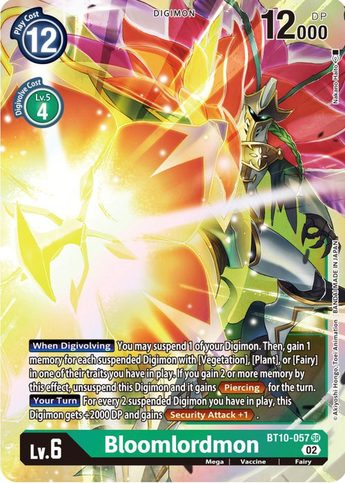 A Digimon card featuring Bloomlordmon [BT10-057] [Xros Encounter], a majestic digital monster with intricate armor and glowing green details, surrounded by vibrant floral elements. This Super Rare Lv. 6 Fairy category Digimon from the **Digimon** brand has a 12 play cost, 12,000 DP, and its description details unique abilities when digivolving and during Xros Encounter conditions.