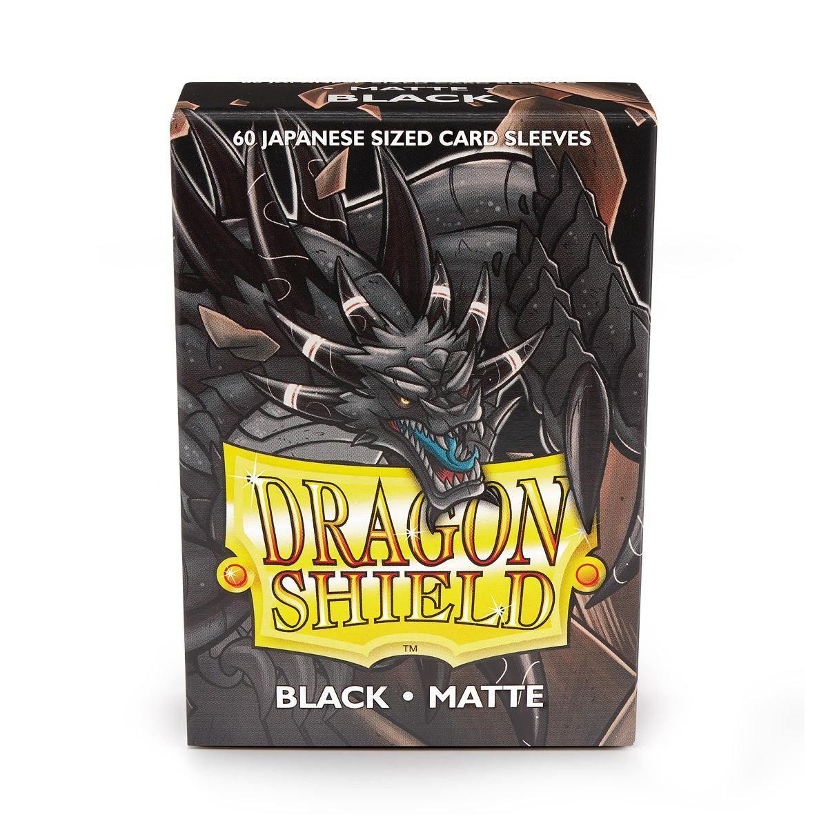 Box of Dragon Shield: Japanese Size 60ct Sleeves - Black (Matte) by Arcane Tinmen. The packaging features a fierce dragon with blue eyes and a menacing expression. The text reads 