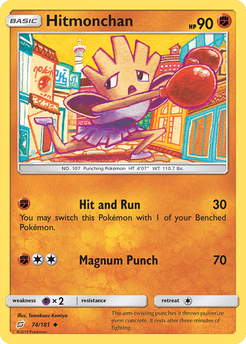 A Pokémon card depicts Hitmonchan, an uncommon humanoid figure with red boxing gloves. The card shows its name, HP of 90, and the moves "Hit and Run" and "Magnum Punch," with designated damage points. The background features a city environment with colorful buildings and street elements from Pokémon's Hitmonchan (74/181) [Sun & Moon: Team Up].