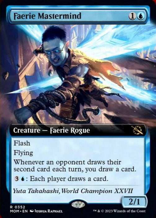 A "Magic: The Gathering" card titled "Faerie Mastermind (Extended Art) [March of the Machine]," a rare Faerie Rogue. It depicts a blue-skinned male faerie with glasses and wings, casting a spell. With a mana cost of 1 blue mana and 1 generic mana, it has Flash, Flying, card draw mechanics, and is a 2/1 creature.