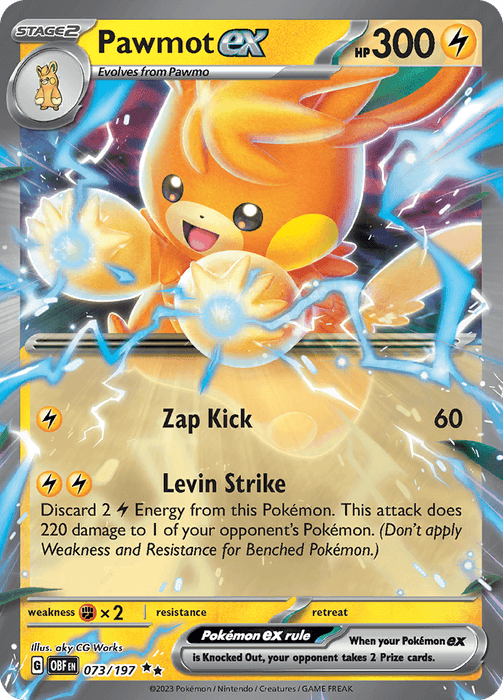 A Double Rare Pokémon card featuring Pawmot ex (073/197) [Scarlet & Violet: Obsidian Flames] from Pokémon with 300 HP. The yellow, electric-type Pokémon is depicted in an energetic battle stance, with blue electricity crackling around it. The moves listed are Zap Kick, which does 60 damage, and Levin Strike, which requires discarding 2 energy and deals 220 damage.