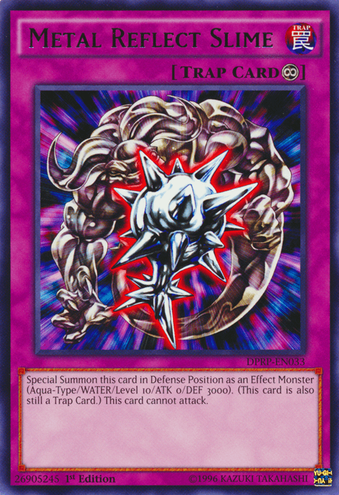 The image shows a "Yu-Gi-Oh!" trading card titled "Metal Reflect Slime [DPRP-EN033] Rare," labeled as a Rare Continuous Trap Card from the Duelist Pack. The artwork depicts a metallic, amorphous creature with a spiked central core and magenta energy emanating from it. The card description and specifics, including the serial number, are also visible.