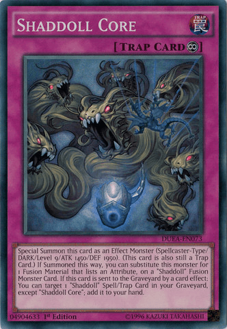An image of the Yu-Gi-Oh! trading card "Shaddoll Core [DUEA-EN073] Super Rare." This Trap Card features dark-themed artwork with shadowy, dragon-like creatures with glowing red eyes emerging from a core. The card description outlines its special summoning abilities and interactions with "Shaddoll" cards.