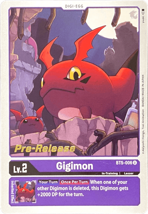 A Digimon card titled "Gigimon [BT5-006] [Battle of Omni Pre-Release Promos]" from the Digimon series is shown. The Digi-Egg features a red Digimon with yellow eyes emerging from a stone nest. The card is a Lv. 2 In-Training, Lesser type and boasts a Pre-Release badge from the Battle of Omni set. Its effect is described at the bottom of the card.