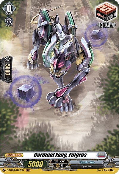 The product "Cardinal Fang, Fulgrus (D-BT01/H27EN) [Genesis of the Five Greats]" from Bushiroad depicts a futuristic, robotic wolf-like creature charging forward energetically. It features eye-catching metallic armor with accents in purple, green, and gold. This Grade 0 unit from the Genesis of the Five Greats set boasts 5000 power and a critical value of 1 in the card game.