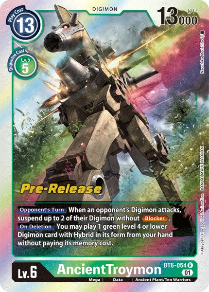 This rare trading card, part of the Double Diamond Pre-Release series, features AncientTroymon [BT6-054], a Level 6 Mega Digimon from the Digimon brand. It has a play cost of 13 and boasts an impressive 13,000 DP. Evolving from Level 5 for a cost of 5, its vibrant design showcases a mechanical horse.