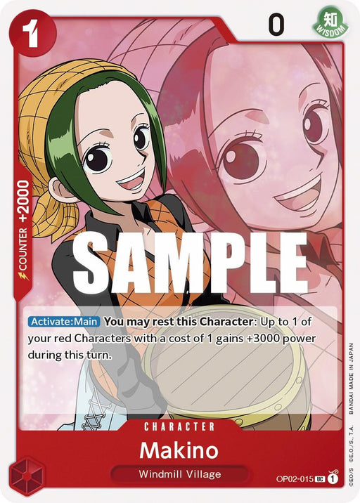 A trading card featuring Makino, a character with green hair and a bright smile. The card's main color is red, marked with "SAMPLE" over her image. This Uncommon Rarity Character Card includes stats like "Counter +2000" and an ability: "Activate: Main. Rest this Character: one red Character with cost 1 gains +3000 power." The product name is Makino [Paramount War], and it is made by Bandai.
