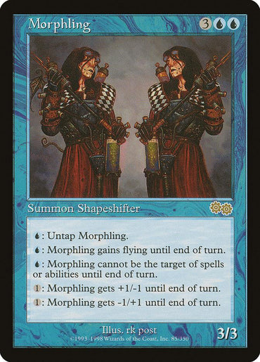 The Magic: The Gathering card "Morphling [Urza's Saga]" depicts a multi-armed shapeshifter cloaked in red robes and adorned with multiple faces. Set against a gray background, Morphling's abilities—untapping, flying, becoming untargetable, and adjusting its power/toughness—are prominently highlighted. The card features distinctive blue and black borders along with an intricately detailed summoning cost.