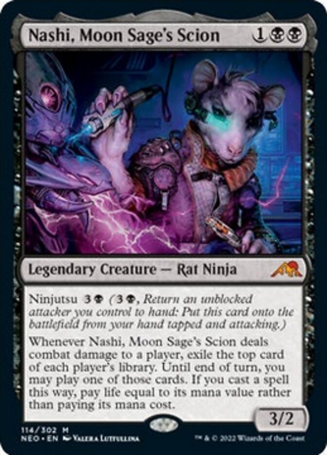 The image showcases a Magic: The Gathering trading card named Nashi, Moon Sage's Scion [Kamigawa: Neon Dynasty]. This Rat Ninja requires 1 generic mana, 2 black mana to play and boasts 3 power and 2 toughness. It features the 