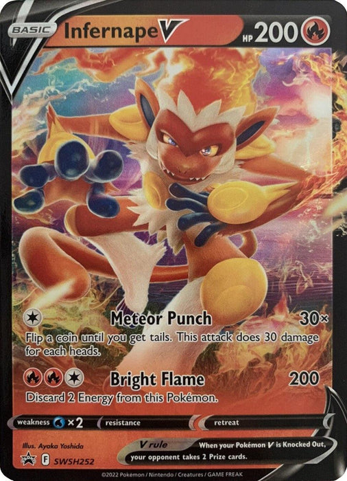A Pokémon trading card featuring Infernape V (SWSH252) [Sword & Shield: Black Star Promos] with 200 HP from the Sword & Shield set, this fiery Fire type monkey has flames on its head, eyes, and fists. The Pokémon card boasts two dynamic attacks: Meteor Punch and Bright Flame. The vivid illustrations capture Infernape's intense energy.