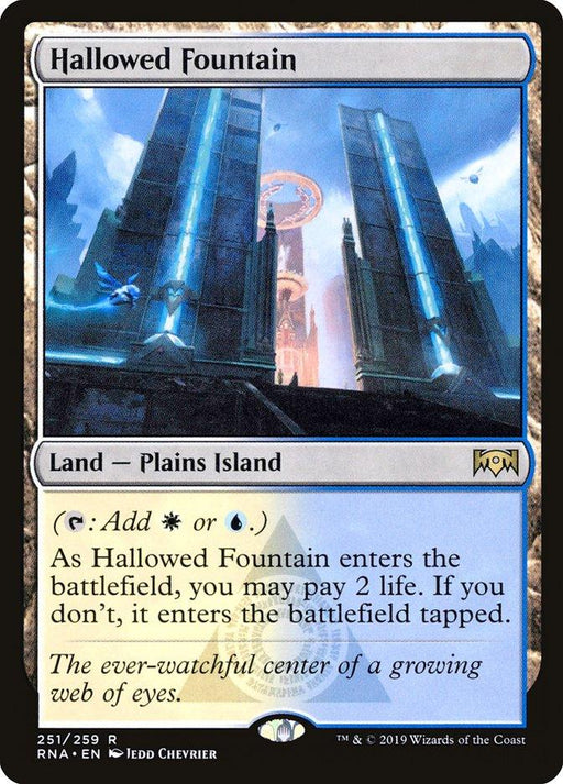 The image shows a Magic: The Gathering card named "Hallowed Fountain [Ravnica Allegiance]," a rare Land card illustrated by Jedd Chevrier. The artwork depicts a majestic, glowing fountain flanked by two tall, blue crystalline structures. The card text details abilities related to white or blue mana.