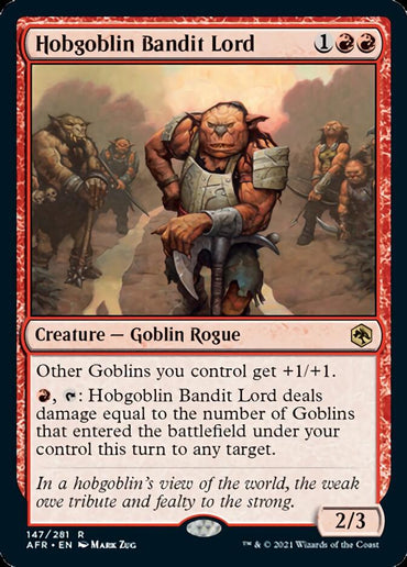 The image displays a Magic: The Gathering card, "Hobgoblin Bandit Lord" from Dungeons & Dragons: Adventures in the Forgotten Realms, portraying an armored goblin leader with a spiked club and fellow goblins. The card text emphasizes enhancing goblins and dealing damage.