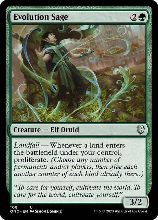 A trading card titled "Evolution Sage [Phyrexia: All Will Be One Commander]" featuring an elf druid surrounded by swirling green magical energy. From the Magic: The Gathering set, the card includes a mana cost of 2G and abilities like "Landfall — Whenever a land enters the battlefield under your control, proliferate." Its stats are 3/2.