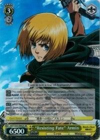 A Super Rare trading card features an anime character with short blonde hair holding a blade and wearing a green cloak against a blue sky backdrop. The Character Card is titled "‘Resisting Fate’ Armin (AOT/S35-E002S SR) [Attack on Titan]" from Bushiroad and includes stats: Level 3, Cost 2, Power 6500. Detailed card text is in smaller print below.