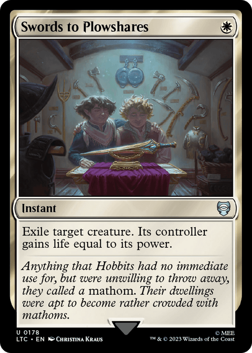 A Magic: The Gathering card titled "Swords to Plowshares [The Lord of the Rings: Tales of Middle-Earth Commander]." This instant features a detailed illustration of two characters happily repurposing swords into useful tools in a cozy workshop, evoking a Middle-Earth charm. The card's effect exiles a target creature, giving its controller life equal to its power.