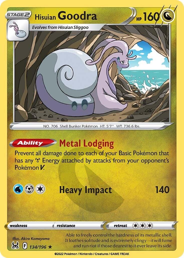 The Hisuian Goodra (134/196) card from the Pokémon Sword & Shield: Lost Origin set showcases a dragon/goo creature with a long tail and antennae. Boasting 160 HP against a yellow backdrop, this card features the abilities 