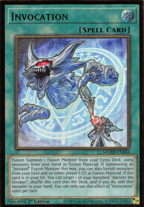 A Yu-Gi-Oh! spell card from the "Maximum Gold: El Dorado" set titled "Invocation [MGED-EN044] Gold Rare." The card depicts an icy, serpentine Invoked Fusion monster with multiple glowing eyes and sharp teeth, emerging from a blue, magical portal. Its clawed hands and menacing expression are highlighted. The card text details its special abilities and usage in gameplay.
