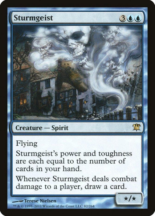 Magic: The Gathering card titled "Sturmgeist [Innistrad]." This rare Magic: The Gathering card features an illustration of a ghostly spirit with a smoky, ethereal form flying above a village with crooked, darkened houses under a stormy sky. This creature — spirit has Flying and its power and toughness are each equal to the number of cards in your hand. Whenever Sturmgeist [Innistrad] deals combat damage to a player