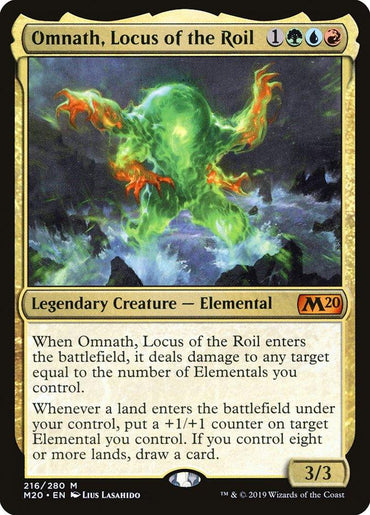 Image of an Omnath, Locus of the Roil [Core Set 2020] card from Magic: The Gathering featuring "Omnath, Locus of the Roil." The card is a 3/3 Legendary Creature - Elemental with wavy green and blue hues forming an abstract figure. The card's text describes its abilities to deal damage and draw cards when specific conditions are met.