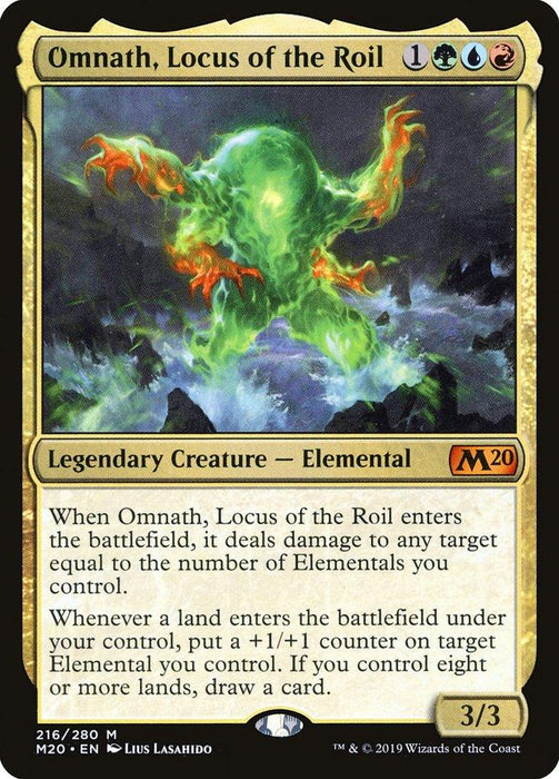 Image of an Omnath, Locus of the Roil [Core Set 2020] card from Magic: The Gathering featuring "Omnath, Locus of the Roil." The card is a 3/3 Legendary Creature - Elemental with wavy green and blue hues forming an abstract figure. The card's text describes its abilities to deal damage and draw cards when specific conditions are met.