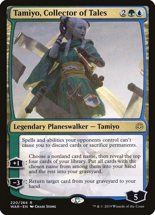 A Magic: The Gathering card titled "Tamiyo, Collector of Tales [War of the Spark]" featuring a blue-skinned female character with white hair dressed in green robes, holding a staff. As a Legendary Planeswalker from War of the Spark, her attributes are outlined in a text box with abilities and have a mana cost of 2 colorless, 1 green, and 1 blue.