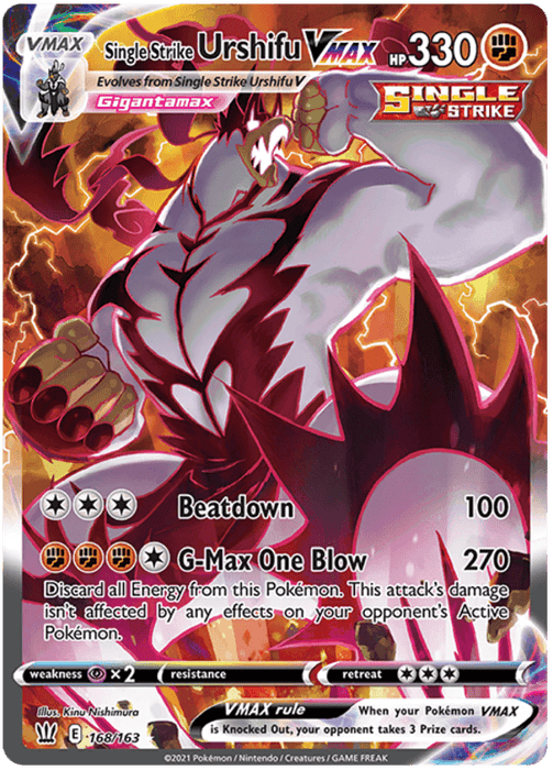 A Pokémon card featuring Single Strike Urshifu VMAX (168/163) [Sword & Shield: Battle Styles] with 330 HP, depicted in a powerful pose surrounded by dark, fiery energy and labeled as Gigantamax. Hailing from the Sword & Shield Battle Styles series, it boasts two attacks: Beatdown (100) and G-Max One Blow (270). The card is number 86 out of 163.