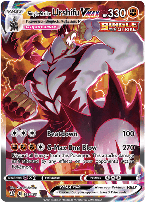 A Pokémon card featuring Single Strike Urshifu VMAX (168/163) [Sword & Shield: Battle Styles] with 330 HP, depicted in a powerful pose surrounded by dark, fiery energy and labeled as Gigantamax. Hailing from the Sword & Shield Battle Styles series, it boasts two attacks: Beatdown (100) and G-Max One Blow (270). The card is number 86 out of 163.