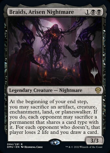 The image features a "Magic: The Gathering" card titled "Braids, Arisen Nightmare (Promo Pack)" from the Dominaria United Promos collection. It displays a dark and eerie scene where the central figure is encircled by ominous, shadowy figures. The card text emphasizes its status as a legendary creature along with its abilities, boasting a power and toughness of 3/3.