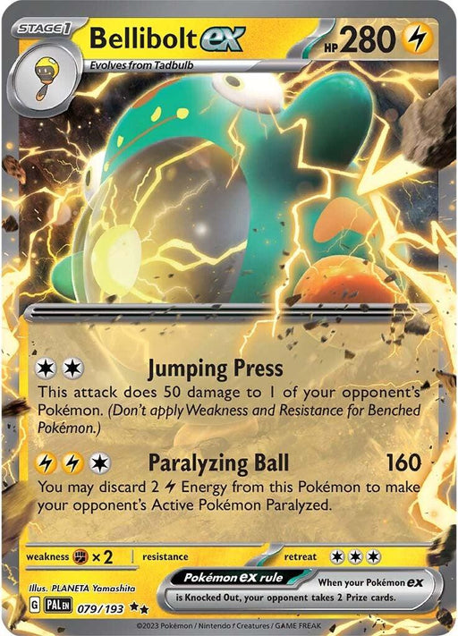 The image shows a Pokémon trading card for Bellibolt ex (079/193) [Scarlet & Violet: Paldea Evolved] with 280 HP. The yellow card, part of the Scarlet & Violet series and Paldea Evolved expansion, features an illustrated green and yellow tadpole-like Pokémon. It has two attacks: Jumping Press (50 damage) and Paralyzing Ball (160 damage). This Double Rare is numbered 079/193 and displays the Pokémon brand name.
