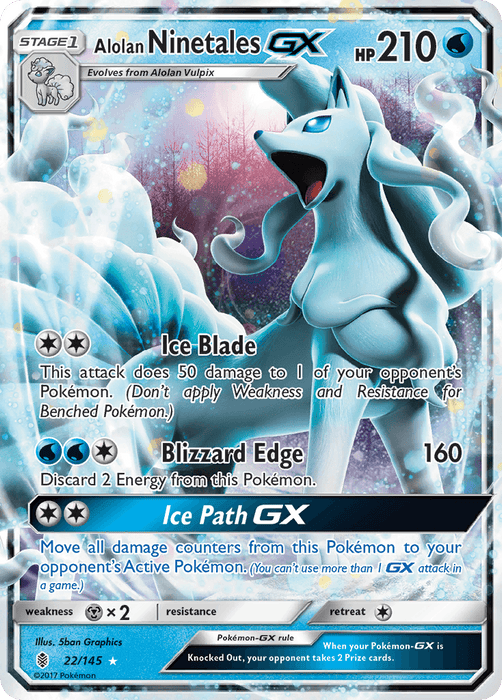 A Pokémon trading card features Alolan Ninetales GX (22/145) [Sun & Moon: Guardians Rising]. The Ultra Rare card includes stats such as 210 HP and the stage "Stage 1." Attack moves listed are "Ice Blade," "Blizzard Edge," and "Ice Path GX." Numbered 22/145, it hails from the 2017 Pokémon Sun & Moon: Guardians Rising set with icy blue and white imagery.