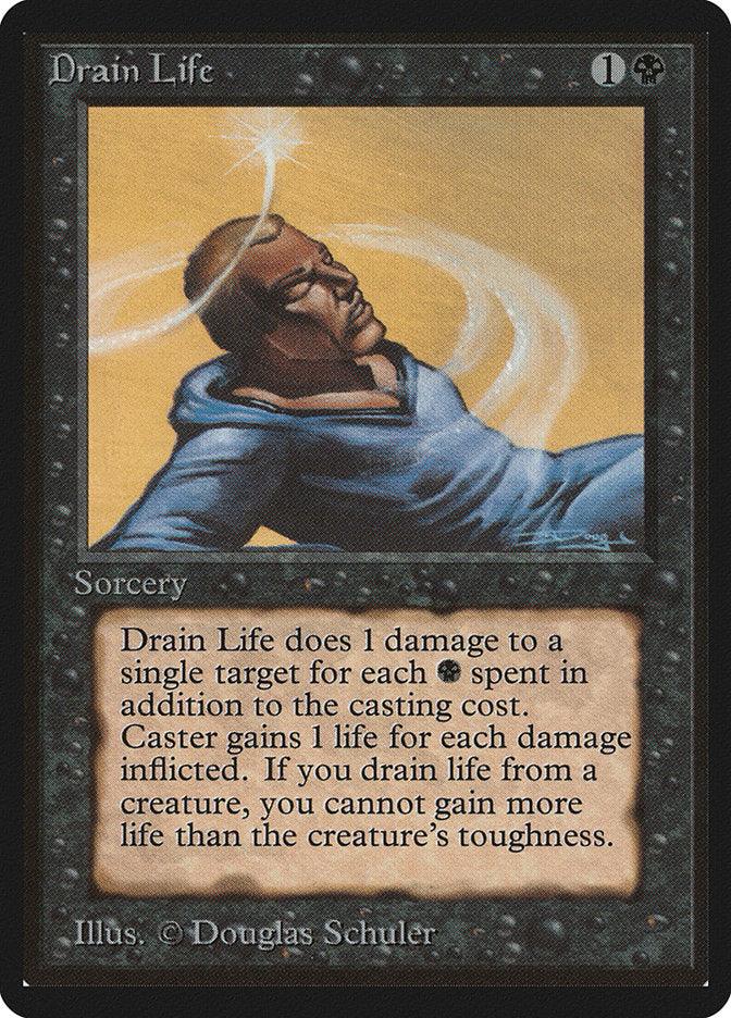 The "Drain Life" card from the Beta Edition of Magic: The Gathering, illustrated by Douglas Schuler, is a powerful sorcery. It depicts a person in blue tormented by swirling energy above them and uses black mana to deal damage to a target while allowing the caster to siphon life in return.