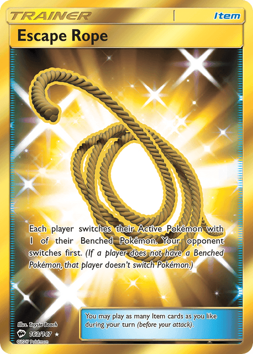 A Pokémon Trading Card from the Sun & Moon series featuring the Secret Rare "Escape Rope (163/147) [Sun & Moon: Burning Shadows]" by Pokémon. The card has a golden-yellow border and depicts a coiled rope against a shining, starry background. Instructions state that each player switches their Active Pokémon with one of their Benched Pokémon, and the opponent switches first.