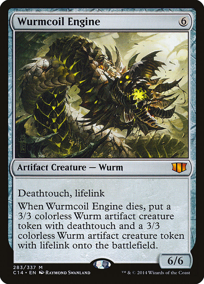 The Wurmcoil Engine [Commander 2014] card from Magic: The Gathering is an Artifact Creature depicting a coiled, mechanical wurm with glowing green eyes and a menacing appearance. Illustrated by Raymond Swanland, this card boasts 