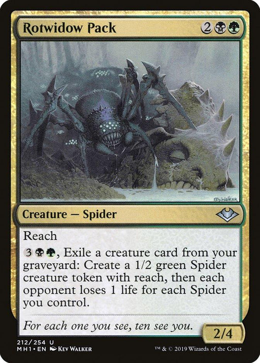 A Magic: The Gathering product named "Rotwidow Pack [Modern Horizons]" costs 2, a black, and a green mana to cast. This Creature — Spider has stats of 2/4 and Reach. By paying 3, a black, and a green mana and exiling a creature card from the graveyard, you can create a spider creature token and damage opponents.