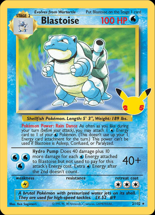 A Pokémon trading card featuring Blastoise (2/102) [Celebrations: 25th Anniversary - Classic Collection] with 100 HP, part of the Celebrations: 25th Anniversary set. Blastoise is depicted as a blue, bipedal turtle with a shell and two cannons on its back. The Holo Rare card includes moves like Hydro Pump and abilities like Rain Dance against a holographic background.